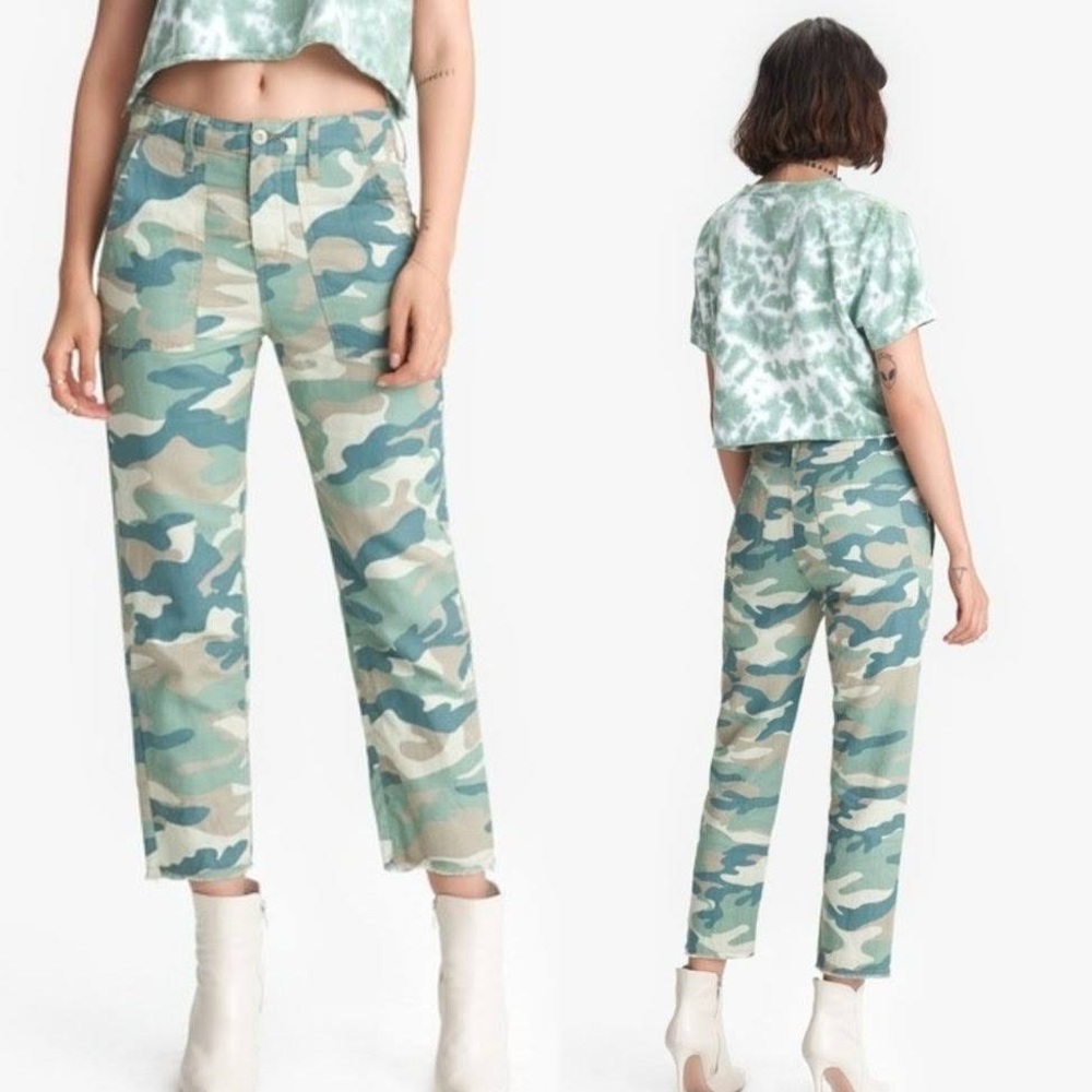 NWT MOTHER The Shaker Chop Crop Pants in Blue Green Camo 28